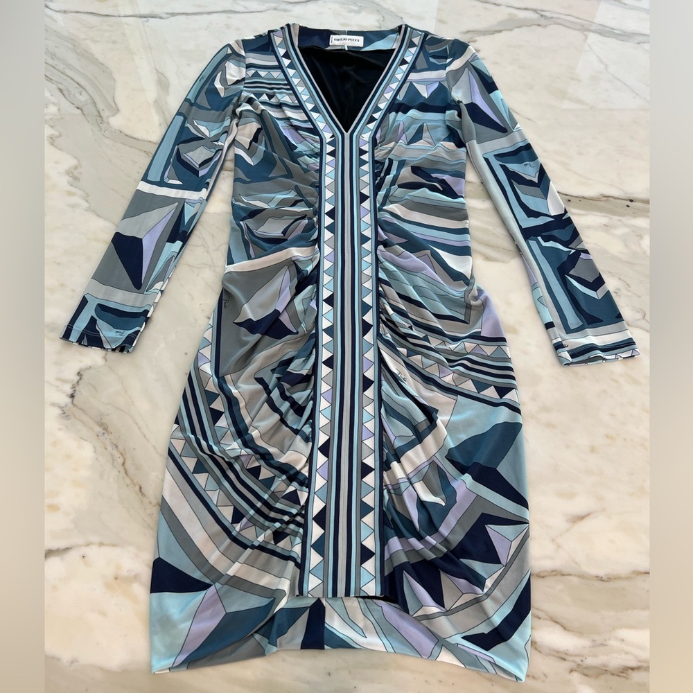 EMILIO PUCCI BLUE MULTI PRINT LONG SLEEVE DRESS SIZE IT 42 / US 8 NWOTS!